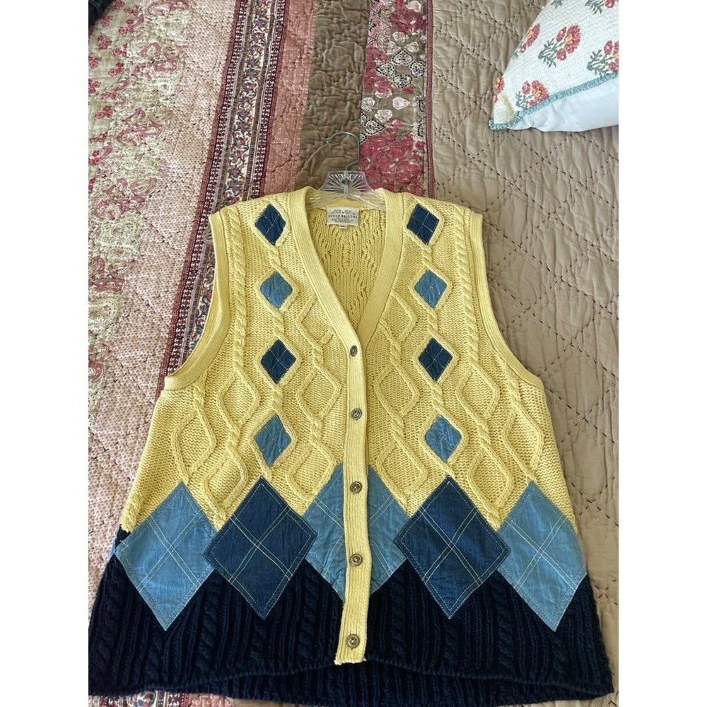 Susan Bristol Vintage 1996 Argyle Denim Patchwork Cable Knit Cardigan Vest XL